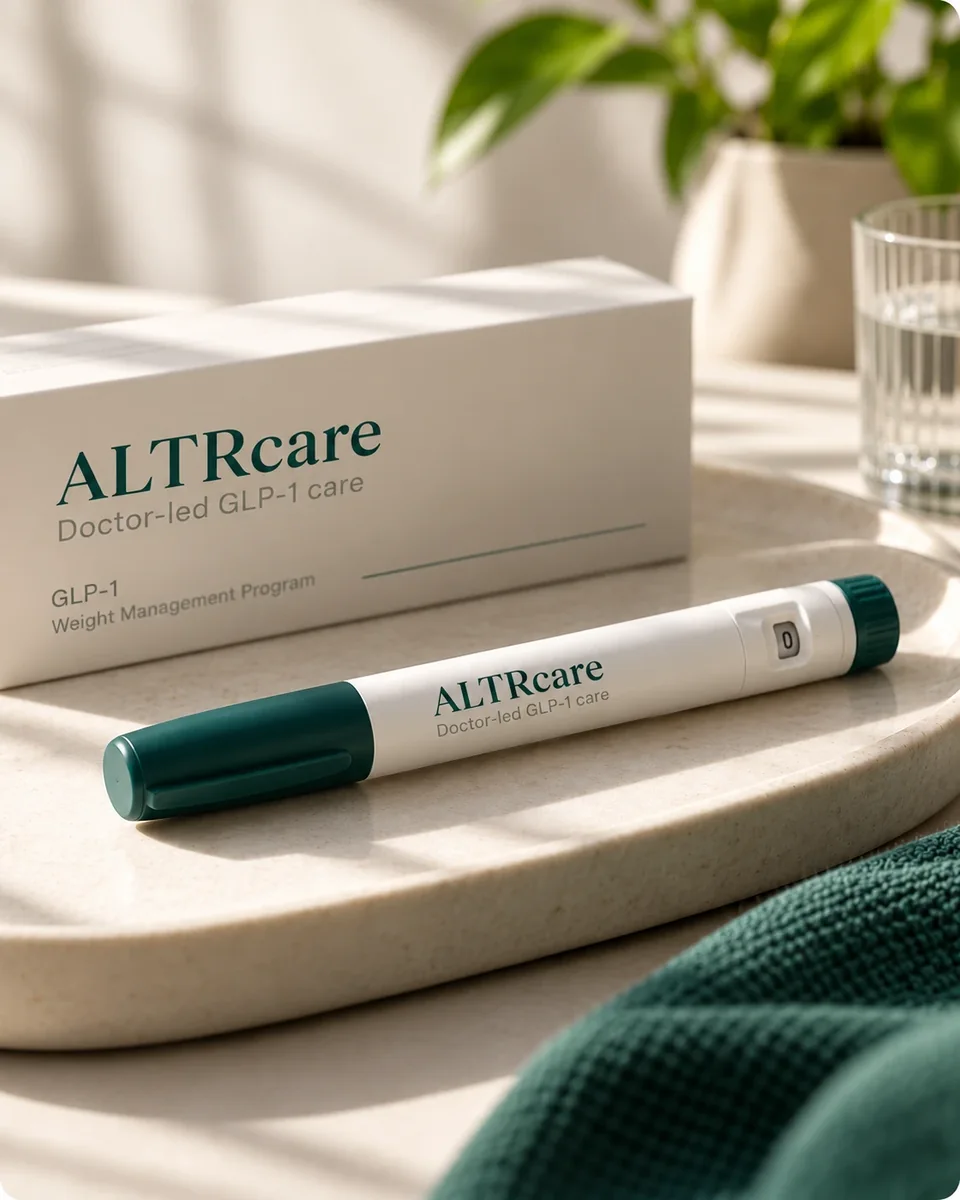 An ALTRcare weight-loss pen and its box on a tray