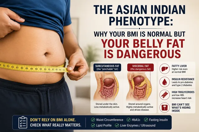 Tape measure around the waist illustrating central abdominal fat in a slim-framed person