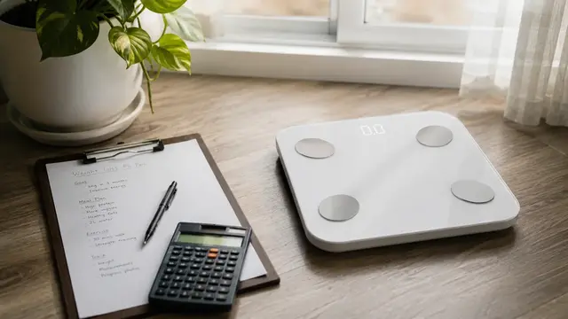 Weighing scale showing weight loss progress next to a monthly cost calculation sheet