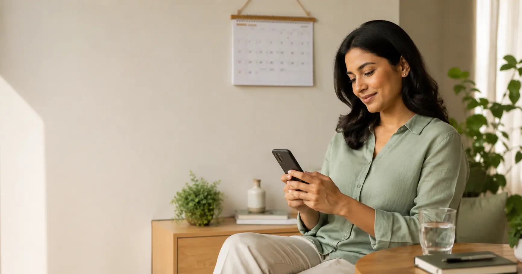 A calm woman at home looking at her phone with a glass of water and a calendar nearby
