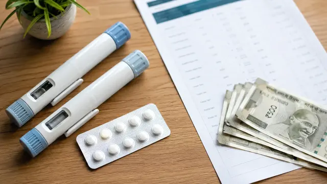 GLP-1 injection pens and tablets arranged next to a printed price list and Indian rupee notes