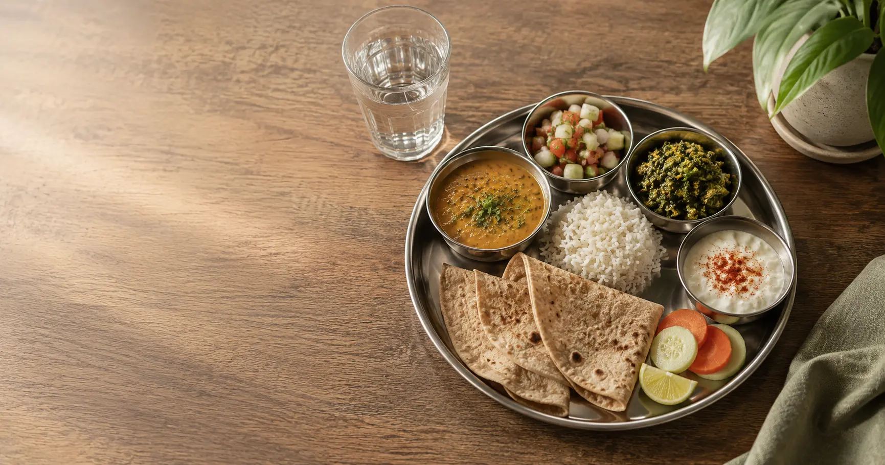 A balanced Indian thali with dal, vegetables, roti and a glass of water on a wooden table