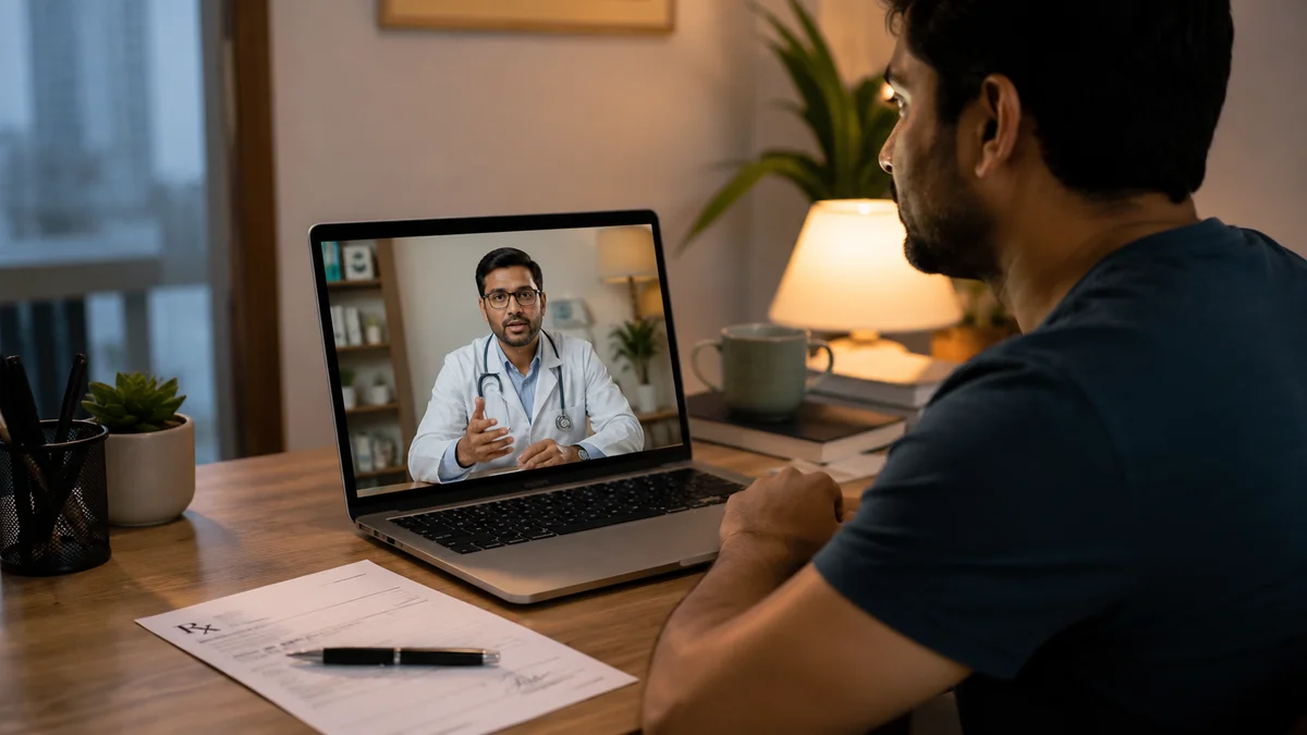 Patient on a video consultation with a doctor, prescription and injection pen on the desk