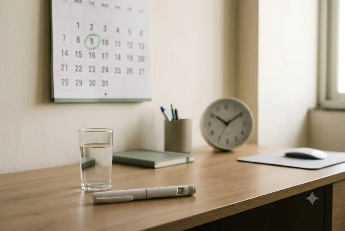 Weekly calendar for scheduling a semaglutide injection on the same day each week