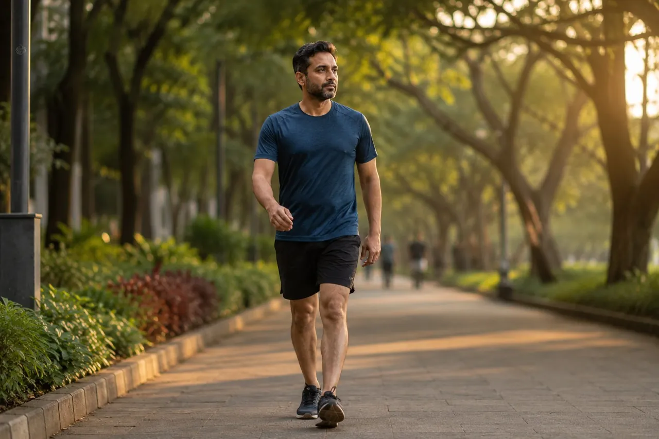 A man jogging through a green city park at sunrise