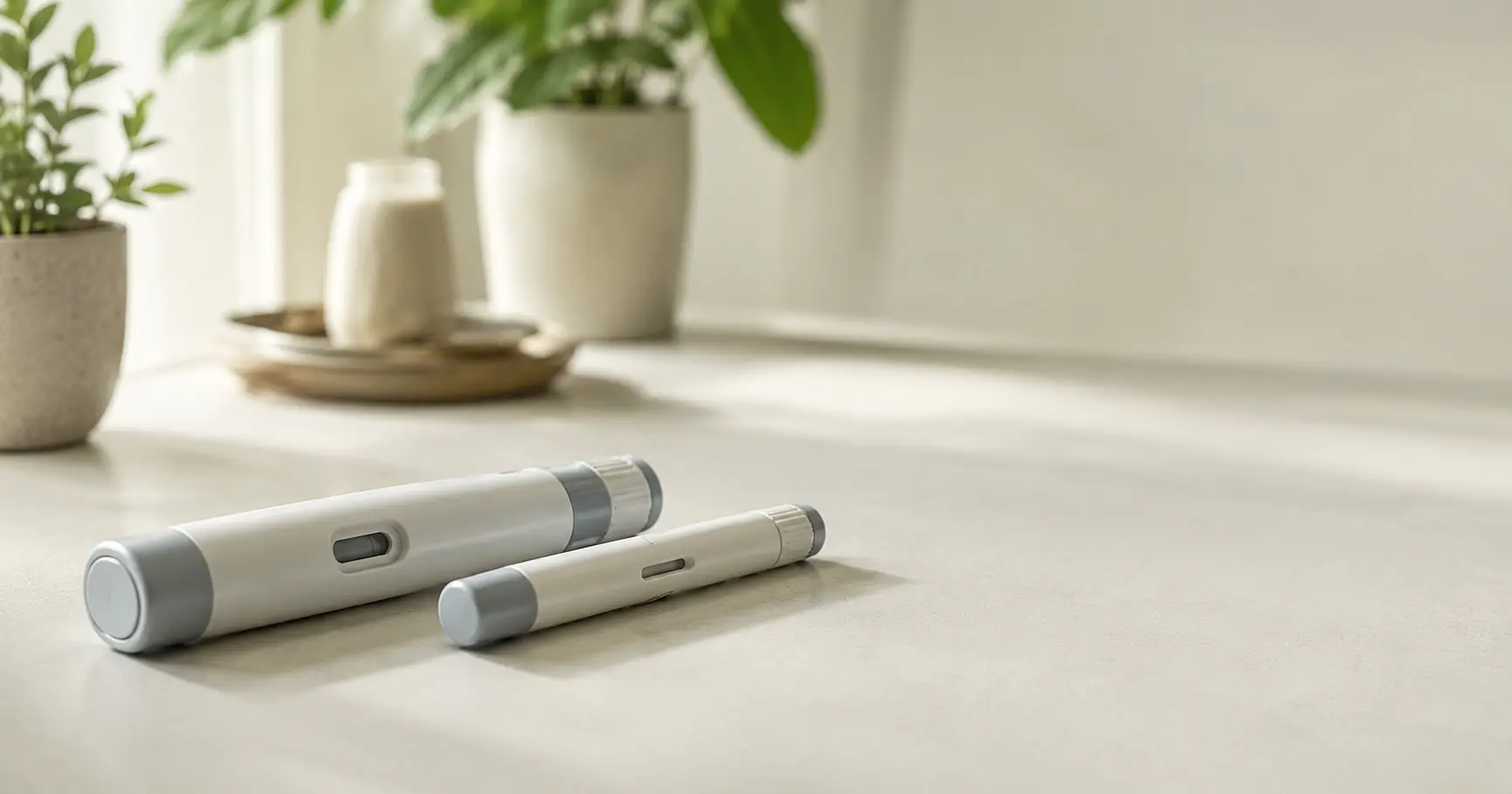 Two injection pens side by side representing tirzepatide and semaglutide on a clean surface