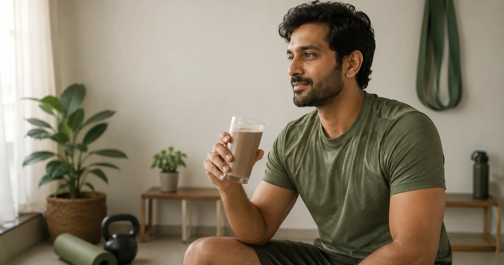 An Indian man in casual athletic wear holding a protein drink after light home exercise