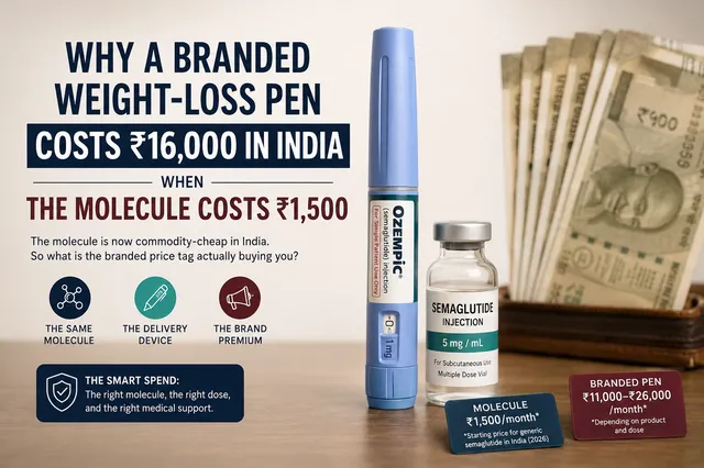 A branded injection pen beside a plain generic vial with Indian rupee notes